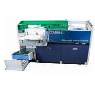 Coverbind CPB3SGCFC Perfect Binder with Side Gluing, Cover Feeder and Creaser shown with an automated binding station, integrated cover feeding tray, precision side gluing system, and protective green safety shield for professional softcover book producti