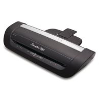 The Swingline GBC Fusion 7000L 12" Thermal Pouch Laminator is shown with a sleek black and silver design, featuring illuminated control buttons and a built-in output tray at the back.