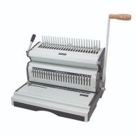 The Akiles CombMac-24M Manual Plastic Comb Punch and Bind features a heavy-duty dual-handle design with a wooden grip for punching and binding, offering precision alignment and durable metal construction for high-volume comb binding tasks.