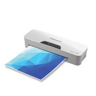 A Fellowes Halo™ 95 Series 9.5" Pouch Laminator is shown actively laminating a colorful blue geometric sheet, with a sleek white housing and touch control panel on top.