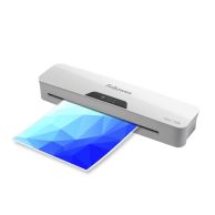 Fellowes Halo™ 125 Series 12.5" Pouch Laminator processing a blue geometric sheet through its front feed slot with a sleek white housing and center control panel.