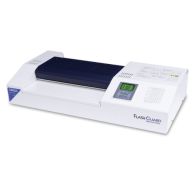 A white and navy Formax FlashGuard 13R10 13" Heavy-Duty Professional 10-Roller Laminator featuring a digital control panel and temperature settings for precision laminating.