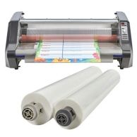 A GBC Ultima 65 Thermal Roll Laminator is shown with a document being laminated and two rolls of laminating film displayed below.