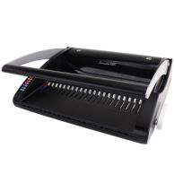A black Swingline GBC C20 CombBind Binding Machine with a sleek, curved design, featuring a long punching handle, numbered color-coded comb size guide, and evenly spaced punching pins for precise hole placement.