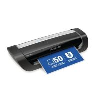 Swingline GBC Fusion 6000L 12" Thermal Pouch Laminator processing a laminated sheet displaying a "50 bonus pouches" and "3-year warranty" message.