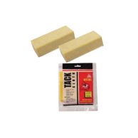 Two beige glue erasers and a packaged tack cloth.