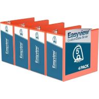 Easyview 5" orange letter size premium customizable angle D ring view binders packaged in a set of four, featuring a glossy cover with a clear overlay for personalized labels and a sturdy D-ring mechanism designed to hold a large volume of documents secur