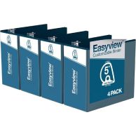 Easyview 5" navy blue letter size premium customizable angle D ring view binders arranged in a pack of four, showcasing a clear overlay for personalized title inserts and a sturdy design with a D-ring mechanism for securely holding a large number of docum