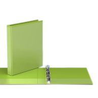 Easyview lime green letter size premium customizable round ring binders featuring a glossy finish and a smooth exterior, shown open to reveal a three-ring mechanism and a clear cover for inserting custom labels, ideal for organizing documents effectively.