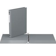 Grey letter size premium economy round ring binders displayed in an open position, showcasing a smooth finish and a three-ring mechanism, designed for document organization, packaged in a set of six for convenient storage solutions.




