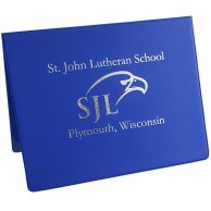 Custom Vinyl Certificate Holders featuring a bold blue cover with silver foil stamping of St. John Lutheran School's name, logo, and location in Plymouth, Wisconsin.