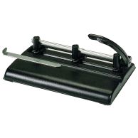 A black Martin Yale Master 325B Medium Duty Adjustable Hole Punch with a sturdy metal handle and adjustable punching heads is positioned on a flat surface, designed for precision hole placement in paper documents.