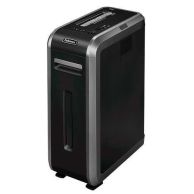 A black and silver Fellowes Powershred 125Ci Jam Proof Cross Cut Shredder is shown standing upright with a narrow front-facing paper slot and visible bin window.