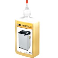 A 12oz bottle of Fellowes Shredder Oil for Powershred High Security Shredders is shown with a twist-cap nozzle and a label featuring a shredder illustration.