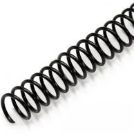 A close-up of "5:1 Black 36" Spiral Plastic Coils" displaying evenly spaced loops designed for secure binding of documents with 5 holes per inch.