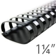 1-1/4" Black Plastic Binding Comb shown in a close-up view with a wide, rounded spine and evenly spaced rectangular loops designed for securely binding medium to large document sets.
