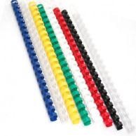An assortment of colorful plastic binding combs is arranged side by side, featuring the 1-3/4" Black Plastic Binding Combs [15 Ring, 8 ¹/₂" Long] among other sizes and colors.