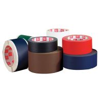 A variety of Filmoplast® fabric book repair tape rolls in multiple colors, including black, brown, red, blue, green, and white, arranged in a group.