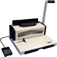 The Tamerica Optimus-46i Manual Spiral Coil Binding Machine with Electric Inserter features a white and black design, a long manual punching lever, an integrated electric coil inserter, an adjustable edge guide, and a foot pedal for hands-free coil insert