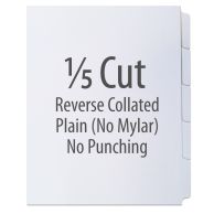 A white folder displays 1/5 Cut Copier Tabs [Reverse Collated, No Mylar] (1250 Tabs), clearly labeled to indicate their plain design and unpunched structure.


