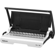 The Fellowes Star+ 150 Manual Comb Binding Machine features a white and black design with an open comb-binding mechanism, a manual punching handle, and a built-in storage tray for organizing binding supplies.