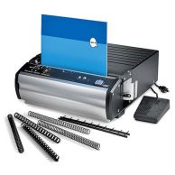 GBC MP 2500 IX Electric Punch with foot pedal shown punching a document, surrounded by compatible binding spines and pre-punched sheets.