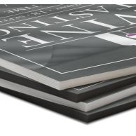 Stacked Thermal Foam Core Pouch Boards with luster laminate and mounted graphics on black and white foam core.