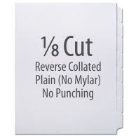 A folder showcases 1/8 Cut Copier Tabs [Reverse Collated, No Mylar] (1280 Tabs), clearly labeled to indicate their plain design and absence of punching.