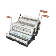 The Akiles DuoMac C21 2:1 Wire-O & Plastic Comb Punch & Bind Machine is a dual-function binding system with separate punching mechanisms and binding components for both 2:1 wire binding and plastic comb binding, featuring multiple handles for manual opera