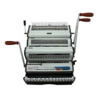 The Akiles DuoMac C31 3:1 Wire-O & Plastic Comb Punch & Bind is a versatile binding machine featuring multiple punching mechanisms, dual wooden-handled levers for wire and comb binding, disengageable punching pins, and an adjustable depth margin for preci