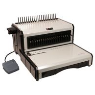 The Akiles AlphaBind-CE Electric Comb Punch & Manual Binding Machine features a durable metal construction with a built-in electric punch activated by a foot pedal, a manual comb opener with evenly spaced metal teeth, and a spacious work surface for effic