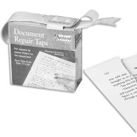 A box of archival-quality document repair tape is shown with a partially torn book page beside it, demonstrating its use for mending paper tears.