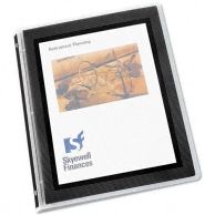 Avery 1/2" black Flexi-View round ring binders featuring a clear front pocket displaying a cover page titled "Retirement Planning" alongside a graphic of eyeglasses, designed for easy document organization and customization, presented as part of a 12-pack