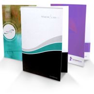 Custom Pocket Folders in various colors and designs, featuring professional branding and sleek layouts for organizing documents.
