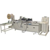 The James Burn BB520P Speedbind Automatic Wire-O Punching & Binding Machine is shown with its various components, including a control panel, wire spool, conveyor, and exit stacker for efficient high-volume punching and binding.
