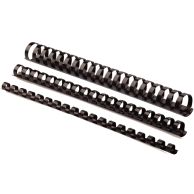 Three Fellowes Black Plastic Binding Combs in varying diameters are displayed side by side, showcasing their evenly spaced rectangular loops and flexible spine design for binding documents of different thicknesses.