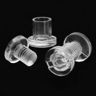 Clear Plastic Snap Lock Screw Posts displayed against a solid black background, featuring slotted caps and threaded ends in various orientations.