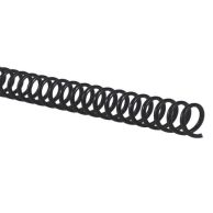 A close-up of "4:1 Black Eco-Coil 12" Spiral Plastic Coils" displaying durable, eco-friendly black loops designed for secure and flexible document binding.