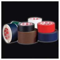 A variety of colored adhesive tapes, including a prominently featured roll of black fabric book repair tape placed beside brown, red, blue, green, and white rolls.
