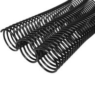 A close-up of multiple "4:1 Black Metal Spiral Binding Coils" arranged side by side, showing tightly wound loops designed for secure and durable document binding.