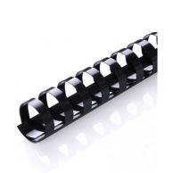 A single Black Plastic Binding Comb is shown coiled with evenly spaced rectangular loops, reflecting light off its glossy surface against a white background.