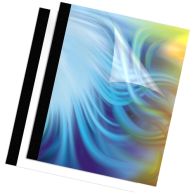 A colorful document with a partially lifted clear front cover is bound using Fellowes 1/2" Thermal Binding Covers [Clear Front/Black Linen Back], featuring a black linen-textured spine for a professional finish.