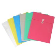 A variety of C-Line Assorted Poly Envelope Top Load w/ String Closure is shown in different colors, including pink, green, blue, yellow, gray, and clear, with durable construction and a secure string-tie closure.