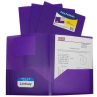 C-Line Purple Two-Pocket Heavyweight Poly Portfolio displayed open with a course syllabus in one pocket and a name label on the front cover, with additional closed portfolios stacked behind.