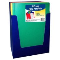 A C-Line Two-Pocket Heavyweight Poly Assorted Folder with Prongs displays a variety of brightly colored folders, each featuring two interior pockets and three prongs for securing documents.