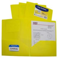 A set of C-Line Yellow Two-Pocket Heavyweight Poly Portfolio folders is shown, with one folder opened to display a document and a name tag, emphasizing the durable design and ample storage space.