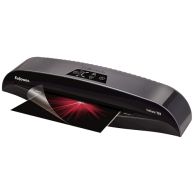 A Fellowes Callisto 125 12.5" Pouch Laminator is shown laminating a glossy document with a red burst design, highlighting its sleek black design and top-mounted control buttons.
