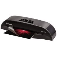 A Fellowes Callisto 95 9.5" Pouch Laminator is actively sealing a glossy document with a vivid red burst design emerging from the machine's front feed.