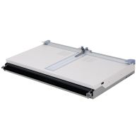 Fastbind Casematic H46 Pro™ Photobook Cover Machine shown with a wide-format layout, dual blue knobs for adjustment, and a center-positioning light guide for accurate hardcover alignment.