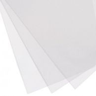 Three Clear Matte/Suede Report Covers are shown slightly fanned out, featuring a frosted, non-glare surface with soft texture and sharply cut square corners.